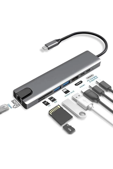 Pro Air Usb Type-c 8 Li Hub Dönüştürücü Çevirici Çoklayıcı Usb Hdmı Micro Sd 8 Girişli