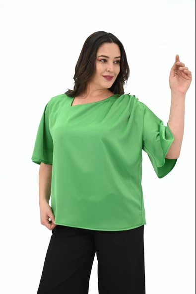 Kadın Büyük Beden Metal Düğme Detaylı Bluz 1862-25 - 10