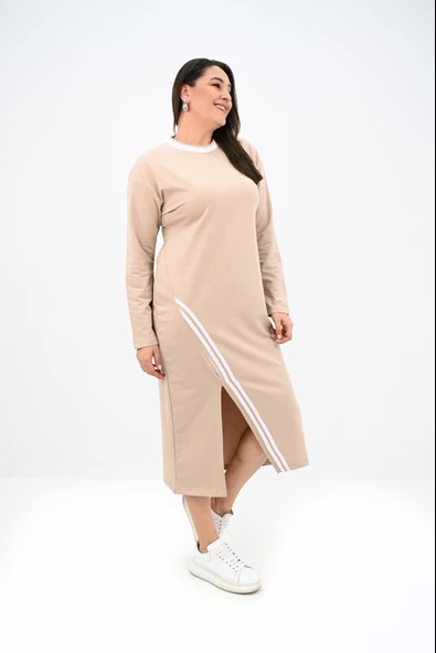 Kadın Büyük Beden Çift Şerit Detaylı Uzun Elbise 5279-25 - 10