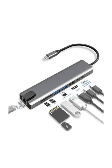 In 1 Ethernet Sd Usb Type C Hub Hdmı Girişli Macbook Çevirici