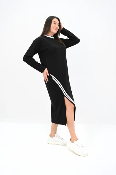 Kadın Büyük Beden Çift Şerit Detaylı Uzun Elbise 5279-25 - 4