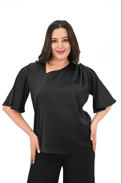 Kadın Büyük Beden Metal Düğme Detaylı Bluz 1862-25 - 4