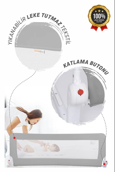 Umaybebek Umay 150x65 Cm Yatak Bariyeri, Yatak Korkuluğu - Açık Gri - 4