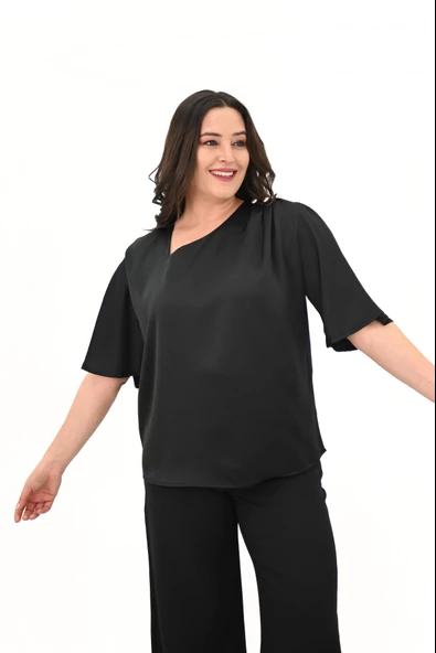 Kadın Büyük Beden Metal Düğme Detaylı Bluz 1862-25 - 5