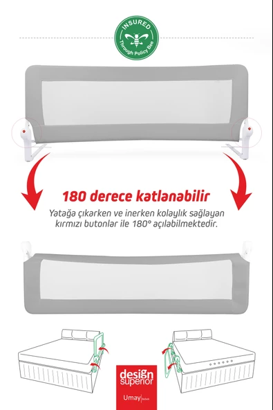 Umaybebek Umay 150x65 Cm Yatak Bariyeri, Yatak Korkuluğu - Açık Gri - 3