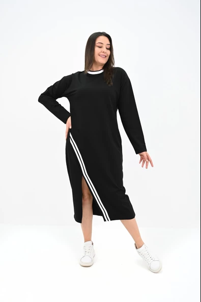 Kadın Büyük Beden Çift Şerit Detaylı Uzun Elbise 5279-25 - 3