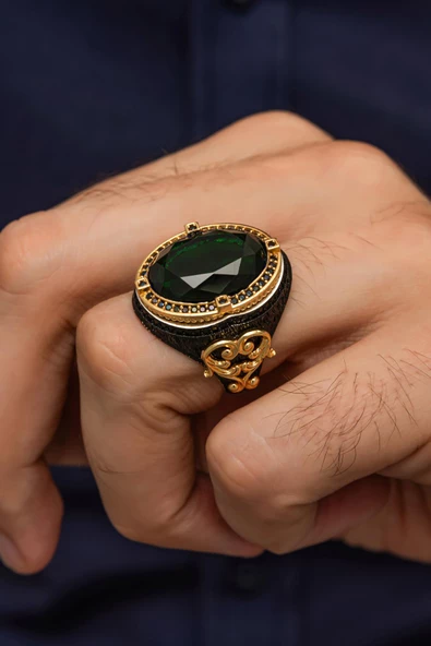 Yeşil Taşlı Faset Kesim 925 Gümüş Erkek Yüzük ürün görseli