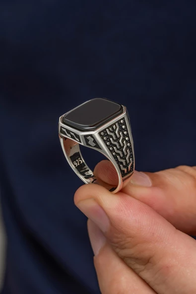 Siyah Oniks Taşlı 925 Gümüş Erkek Yüzük - Resim 3