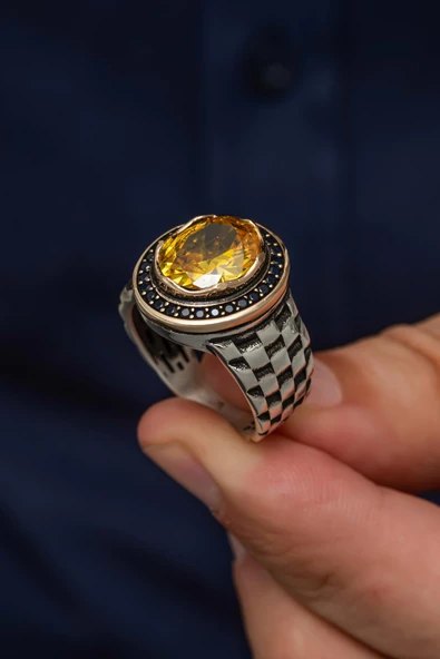 Sarı Sitrin Taşlı Kordon Modeli 925 Gümüş Erkek Yüzük - Resim 3