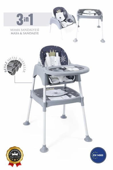 3in1 Çalışma Masası, Mama Sandalyesi, Masa, Sandalye - Panda Desenli