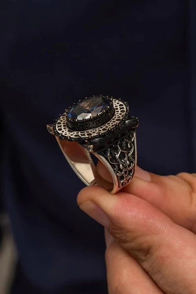 Mistik Topaz Taşlı 925 Gümüş Erkek Yüzük - Resim 4