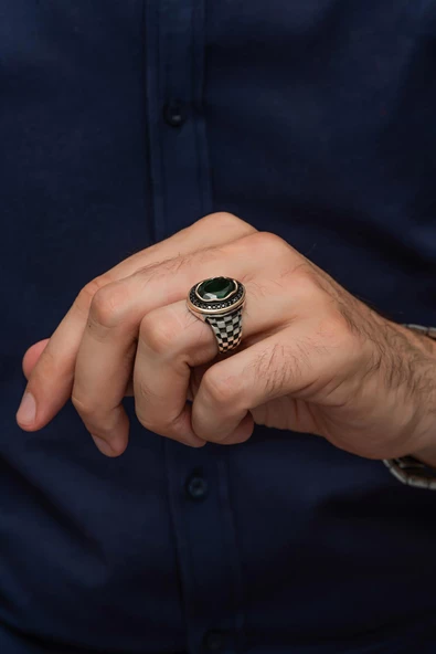 Yeşil Taşlı Kordon Modeli 925 Gümüş Erkek Yüzük - Resim 4