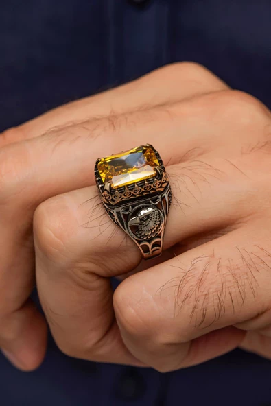 Sarı Sitrin Taşlı Kartal Başı 925 Gümüş Erkek Yüzük ürün görseli