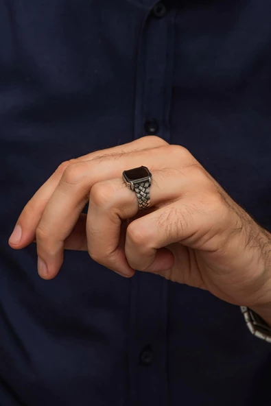 Siyah Oniks Taşlı Kazaz Örgü Modeli 925 Gümüş Erkek Yüzük - Resim 4