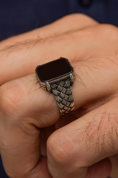 Siyah Oniks Taşlı Kazaz Örgü Modeli 925 Gümüş Erkek Yüzük ürün görseli