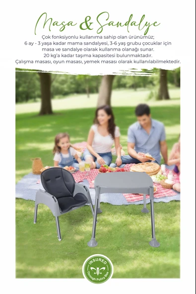 3in1 Çalışma Masası, Mama Sandalyesi, Masa, Sandalye - Gri - 2