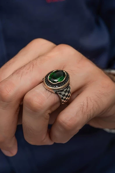 Yeşil Taşlı Kordon Modeli 925 Gümüş Erkek Yüzük ürün görseli