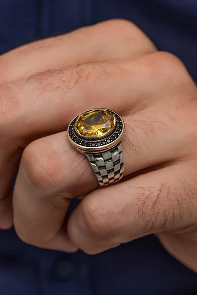 Sarı Sitrin Taşlı Kordon Modeli 925 Gümüş Erkek Yüzük ürün görseli