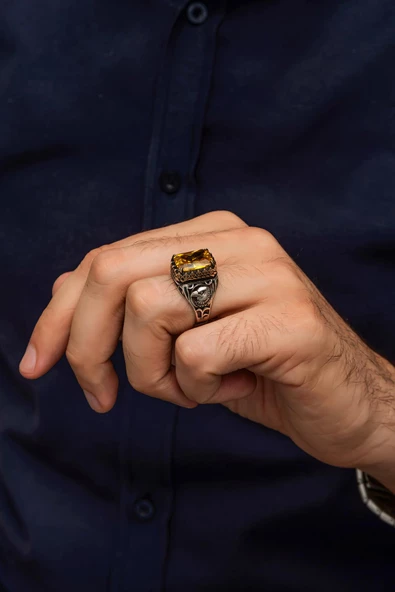 Sarı Sitrin Taşlı Kartal Başı 925 Gümüş Erkek Yüzük - Resim 5