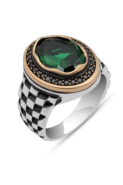 Yeşil Taşlı Kordon Modeli 925 Gümüş Erkek Yüzük - Resim 2