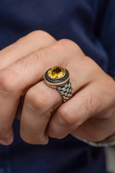 Sarı Sitrin Taşlı Kordon Modeli 925 Gümüş Erkek Yüzük - Resim 4