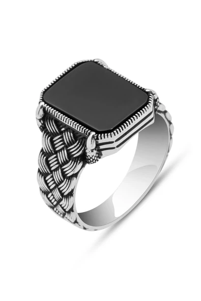 Siyah Oniks Taşlı Kazaz Örgü Modeli 925 Gümüş Erkek Yüzük - Resim 2