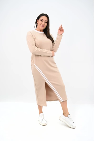 Kadın Büyük Beden Çift Şerit Detaylı Uzun Elbise 5279-25 - 8