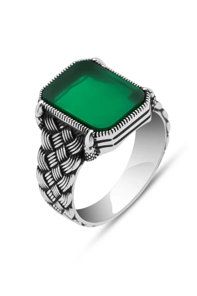 Yeşil Oniks Taşlı Kazaz Örgü Modeli 925 Gümüş Erkek Yüzük - Resim 2
