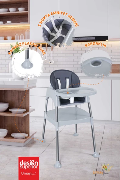 3in1 Çalışma Masası, Mama Sandalyesi, Masa, Sandalye - Gri - 3