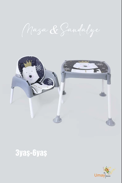 3in1 Çalışma Masası, Mama Sandalyesi, Masa, Sandalye - Panda Desenli - 6