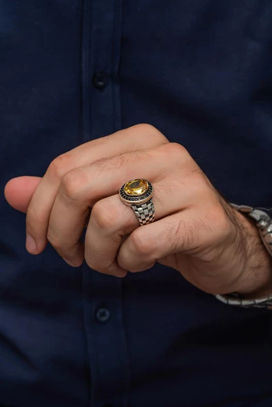 Sarı Sitrin Taşlı Kordon Modeli 925 Gümüş Erkek Yüzük - Resim 5