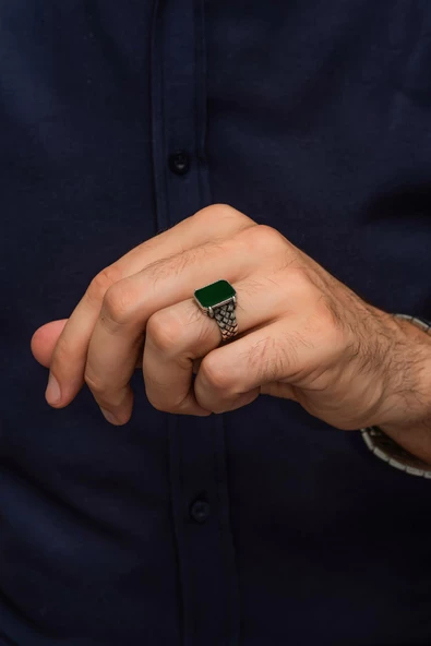 Yeşil Oniks Taşlı Kazaz Örgü Modeli 925 Gümüş Erkek Yüzük - Resim 4