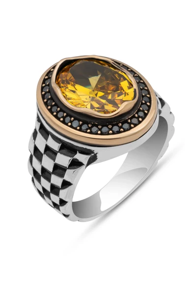 Sarı Sitrin Taşlı Kordon Modeli 925 Gümüş Erkek Yüzük - Resim 2