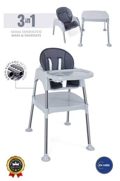 3in1 Çalışma Masası, Mama Sandalyesi, Masa, Sandalye - Gri