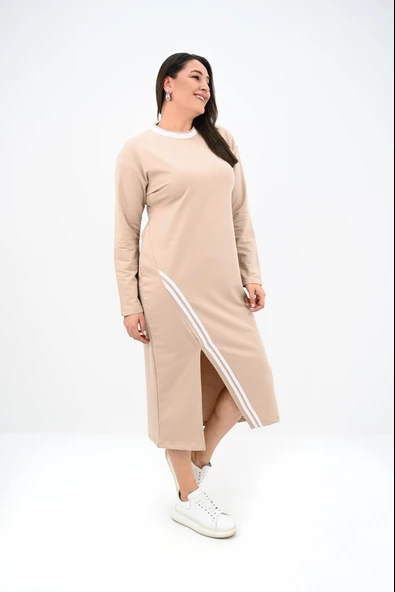 Kadın Büyük Beden Çift Şerit Detaylı Uzun Elbise 5279-25 - 10