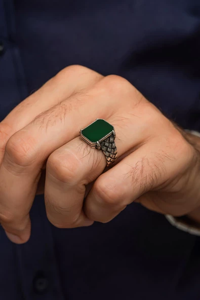 Yeşil Oniks Taşlı Kazaz Örgü Modeli 925 Gümüş Erkek Yüzük - Resim 5