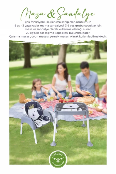 3in1 Çalışma Masası, Mama Sandalyesi, Masa, Sandalye - Panda Desenli - 2