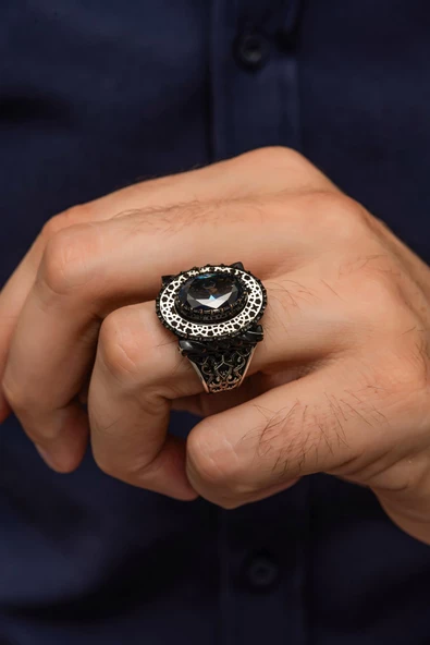 Mistik Topaz Taşlı 925 Gümüş Erkek Yüzük ürün görseli