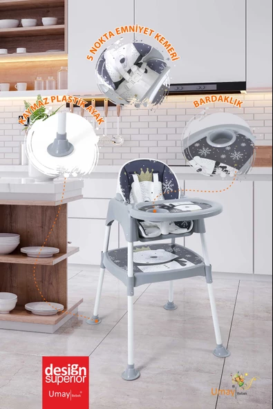 3in1 Çalışma Masası, Mama Sandalyesi, Masa, Sandalye - Panda Desenli - 3