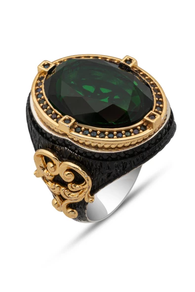 Yeşil Taşlı Faset Kesim 925 Gümüş Erkek Yüzük - Resim 2