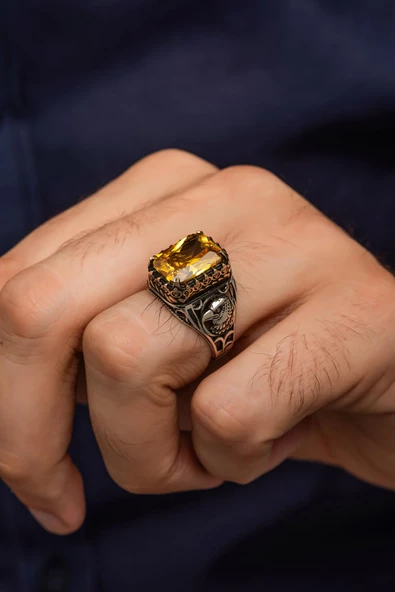 Sarı Sitrin Taşlı Kartal Başı 925 Gümüş Erkek Yüzük - Resim 4