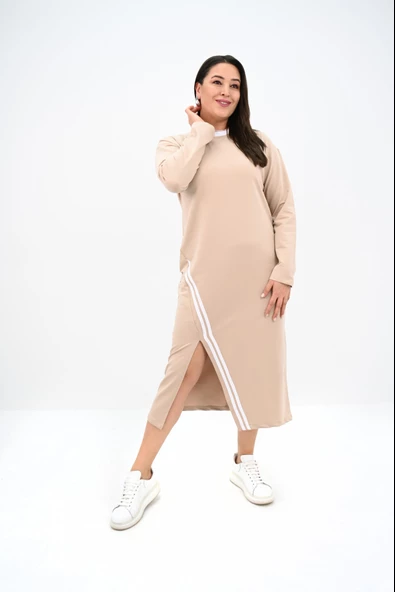 Kadın Büyük Beden Çift Şerit Detaylı Uzun Elbise 5279-25 - 11