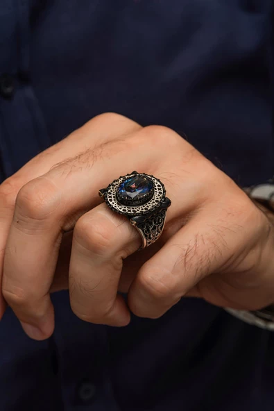 Mistik Topaz Taşlı 925 Gümüş Erkek Yüzük - Resim 3