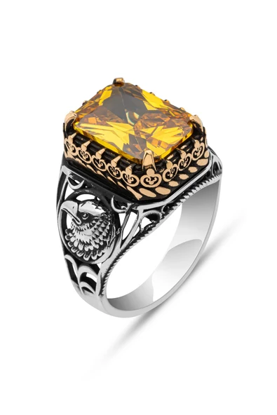 Sarı Sitrin Taşlı Kartal Başı 925 Gümüş Erkek Yüzük - Resim 2