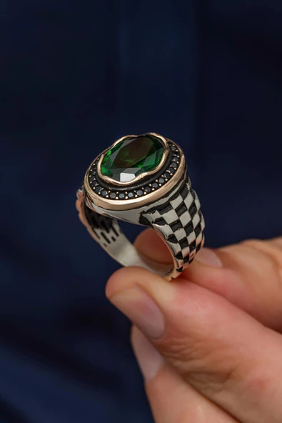 Yeşil Taşlı Kordon Modeli 925 Gümüş Erkek Yüzük - Resim 5