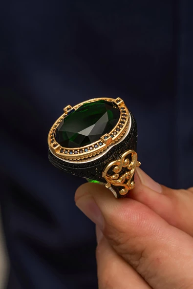 Yeşil Taşlı Faset Kesim 925 Gümüş Erkek Yüzük - Resim 5