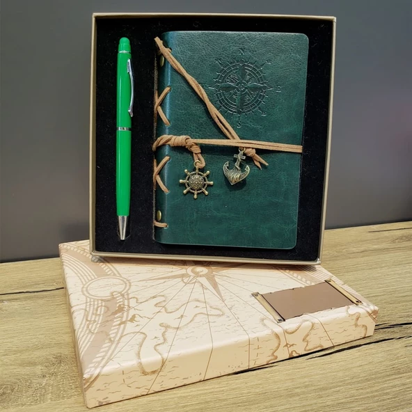 Yeşil Deri Defter Kalem Kutulu Set