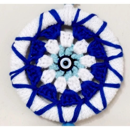 Ponponlu Nazar Boncuğu Desenli El Yapımı Mini Kapı, Duvar ve Araba Süsü - 3