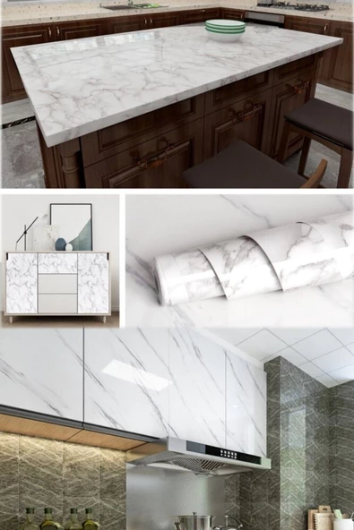 Beyaz Mermer Desenli Yapışkanlı Tezgah Folyosu (3 mt.x 60 cm) - 3