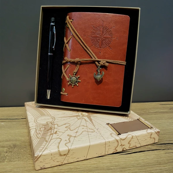 Pusula Baskılı Deri Kahverengi Defter Kalem Seti